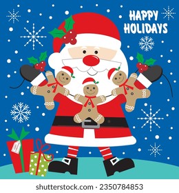Christmas card, gift bag or box design with santa and gingerbread man