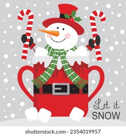 Christmas card, gift bag or box design with snowman in the cup