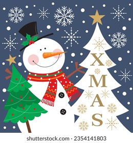 Christmas card, gift bag or box design with snowman and tree