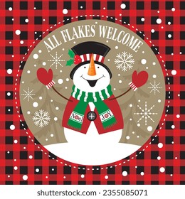 Christmas card, gift bag or box design with snowman and buffalo plaid