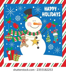 Christmas card, gift bag or box design with snowman