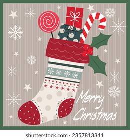 Christmas card, gift bag or box design with stocking, berry and candy cane