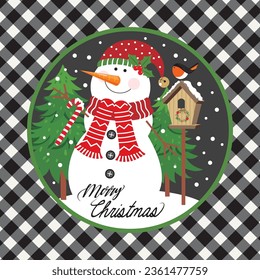 Christmas card, gift bag or box design with snowman and tartan background