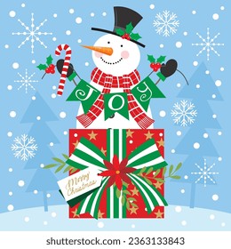 Christmas card, gift bag or box design with snowman on the gift