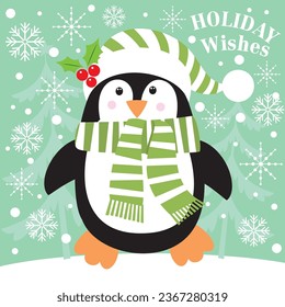 Christmas card, gift bag or box design with cute penguin