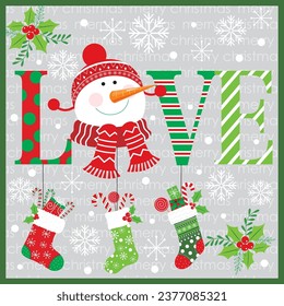 Christmas card, gift bag or box design with snowman, love text, stocking and berry