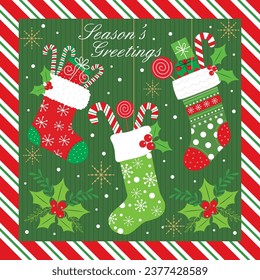 Christmas card, gift bag or box design with stocking, candy and berry