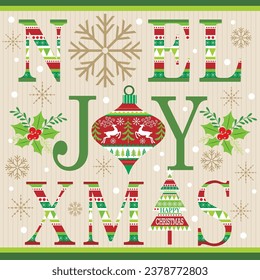 Christmas card, gift bag or box design with christmas, noel, joy