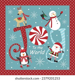 Christmas card, gift bag or box design with santa, reindeer, snowman, penguin and joy