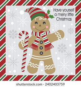 Christmas card, gift bag or box design with gingerbread man and candy cane