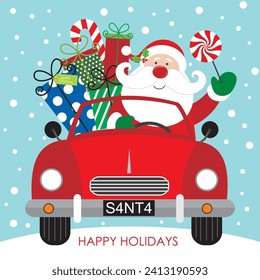 Christmas card, gift bag or box design with santa and gifts on the car