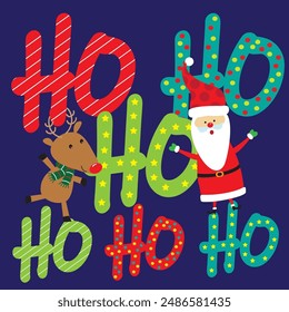 Christmas card, gift bag or box design with cute santa, reindeer and ho ho ho text