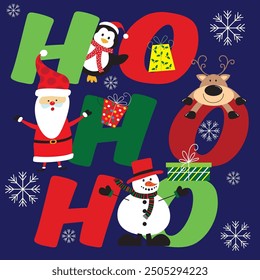 Christmas card, gift bag or box design with santa, snowman, reindeer, penguin and ho ho ho text
