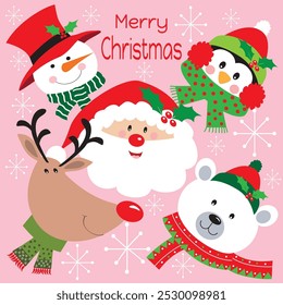 Christmas card, gift bag or box design with santa, snowman, reindeer, penguin and polar bear