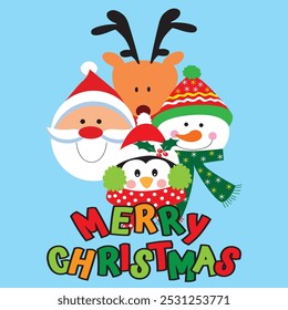 christmas card, gift bag or box design with santa, reindeer,snowman and penguin