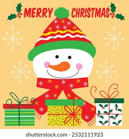 christmas card, gift bag or box design with cute snowman and presents