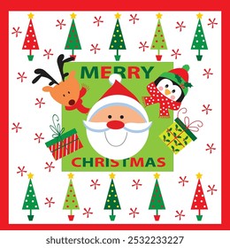 christmas card, gift bag or box design with santa, reindeer, present , penguin and christmas tree