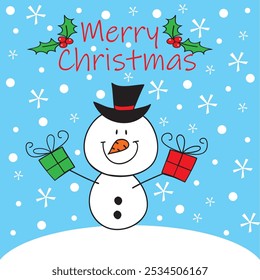 christmas card, gift bag or box design with cute snowman and presents
