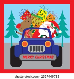 Christmas card, gift bag or box design with santa, reindeer and presents on the car
