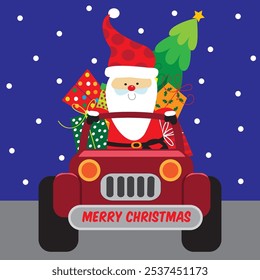 Christmas card, gift bag or box design with santa, christmas tree and presents on the car
