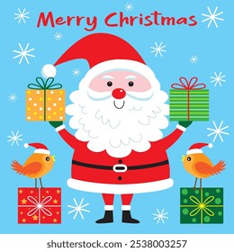 christmas card, gift bag or box design with cute santa, robin and present