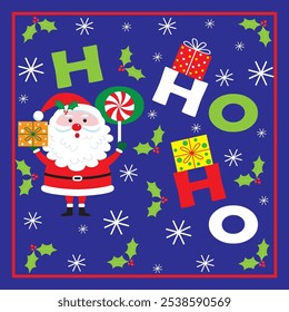Christmas card, gift bag or box design with santa and ho ho ho text
