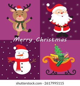 christmas card, gift bag or box design with santa, reindeer, snowman and sleigh

