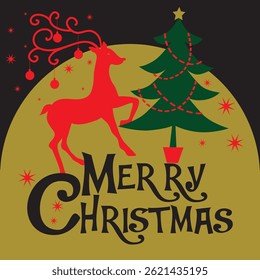 christmas card , gift bag or box design with reindeer and christmas tree
