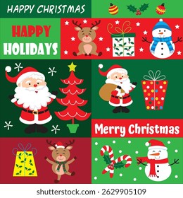 Christmas card, gift bag or box design with santa, snowman and reindeer
