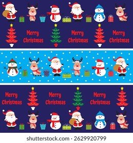 Christmas card, gift bag or box design with santa, snowman and reindeer

