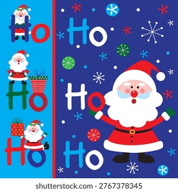 Christmas card, gift bag or box design with cute santa and ho ho ho text
