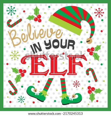 Christmas card, gift bag or box design with christmas elfish and lettering