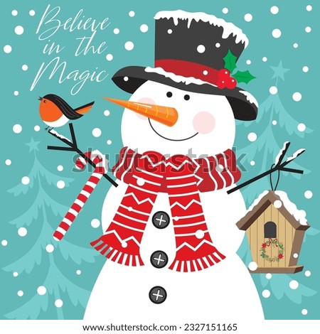 Christmas card, gift bag or box design with cute snowman