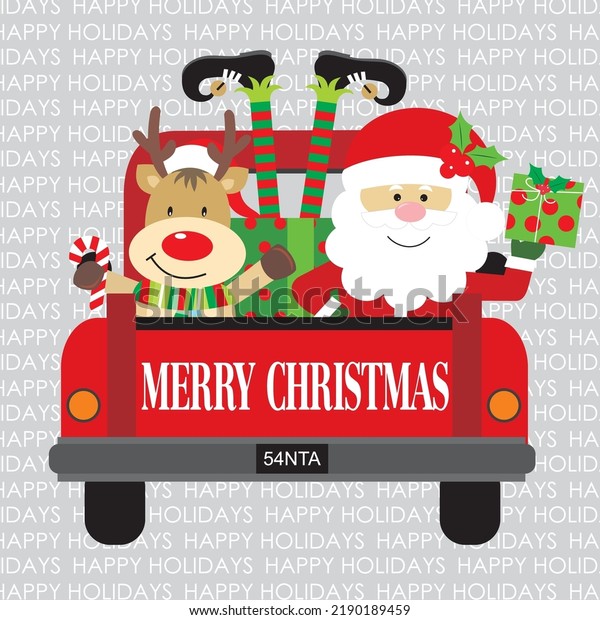 Christmas card, gift bag or box design with santa,\
elf and reindeer on the\
car