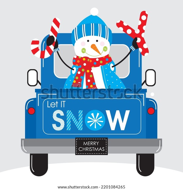 Christmas card, gift bag or box design with cute\
snowman on the car