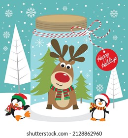 Christmas card, gift bag or ox design with reindeer in the jar and penguins