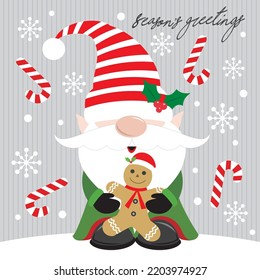 Christmas card, gift bag or ox design with christmas gnome and gingerbread man