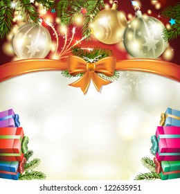 Christmas card with gift, ball and pine tree