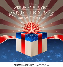 Christmas card with gift box in the colors of the US flag on a retro background with space for text