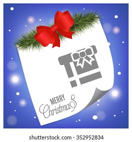 Christmas card and gift box decoration background. Page curl Christmas tree fir on glowing snowflakes background