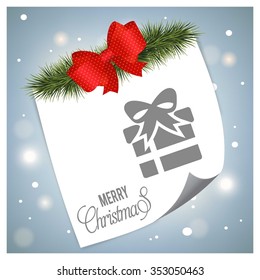 Christmas card and gift box decoration background. Christmas tree fir with ribbon banner and page curl card on glossy Blue backgrounds