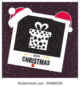 Christmas card and gift box decoration background. Photo frame with Santa Hat on top and Merry Christmas typography on glowing Snowflakes Vector background