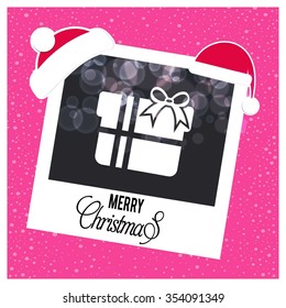 Christmas card and gift box decoration background. photo frame with Santa Hat border and creative typography in footer on glowing Vector background