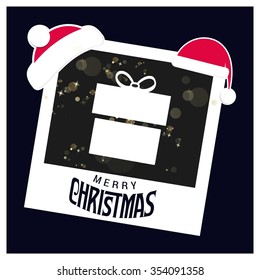 Christmas card and gift box decoration background. photo frame with Santa Hat border and creative typography in footer on glowing Vector background