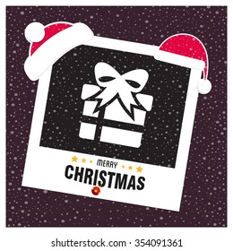 Christmas card and gift box decoration background. photo frame with Santa Hat border and creative typography in footer on glowing Vector background