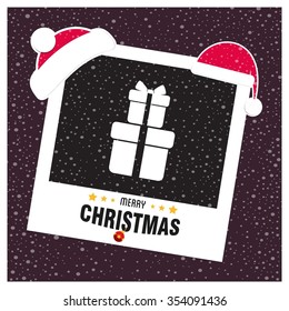 Christmas card and gift box decoration background. photo frame with Santa Hat border and creative typography in footer on glowing Vector background