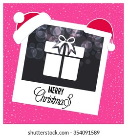 Christmas card and gift box decoration background. photo frame with Santa Hat border and creative typography in footer on glowing Vector background
