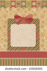Christmas card with gift box. Dotted tape and celebratory flags. Retro style. Vector illustration.