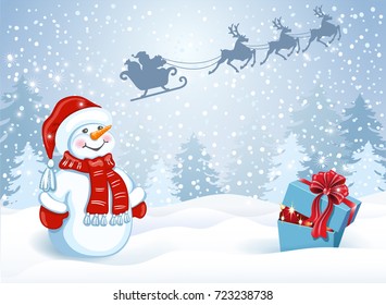 Christmas card with gift box and funny Snowman in Santa hat against winter forest background and Santa Claus in sleigh with reindeer team flying in the sky. New Year postcard design.