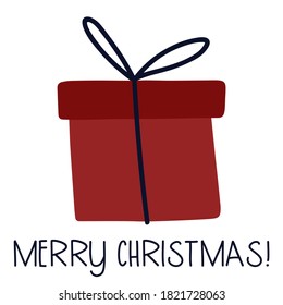 Christmas card with gift box. Merry christmas. Vector illustration for card, poster, invitation, gift tag, sticker. Flat style. Hygge winter art.